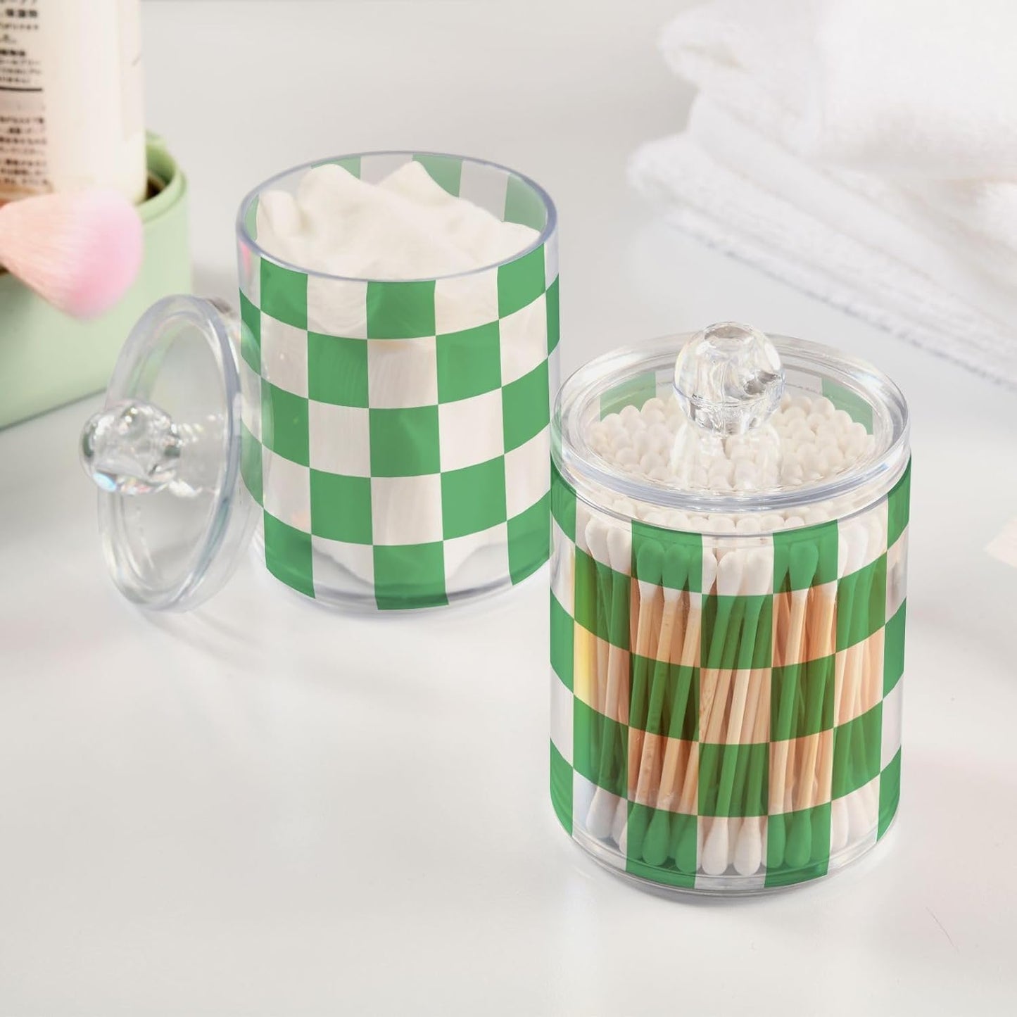 Lattice Green White Square Qtip Holder Dispenser Buffalo Checkered Plaid Bathroom Canister Storage Organization 4 Pack Clear Plastic Apothecary Jars with Lids Vanity Makeup Organizer For Cotton Swab