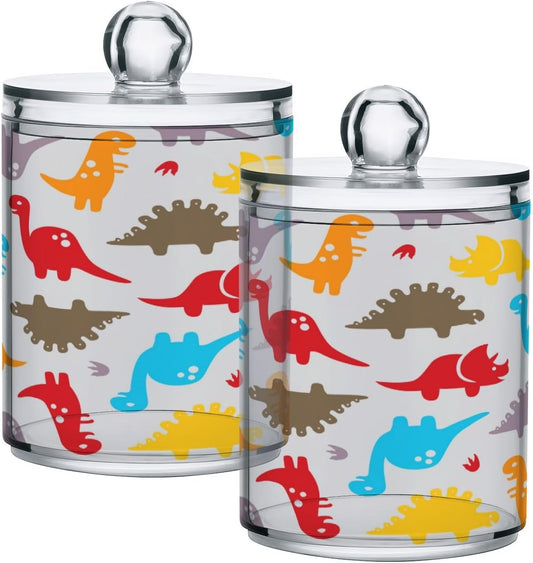 Colorful Dinosaurus Qtip Holder Dispenser Orange Red Blue Dino Bathroom Canister Storage Organization 4 Pack Clear Plastic Apothecary Jars with Lids Vanity Makeup Organizer For Cotton Swab Ball Flo