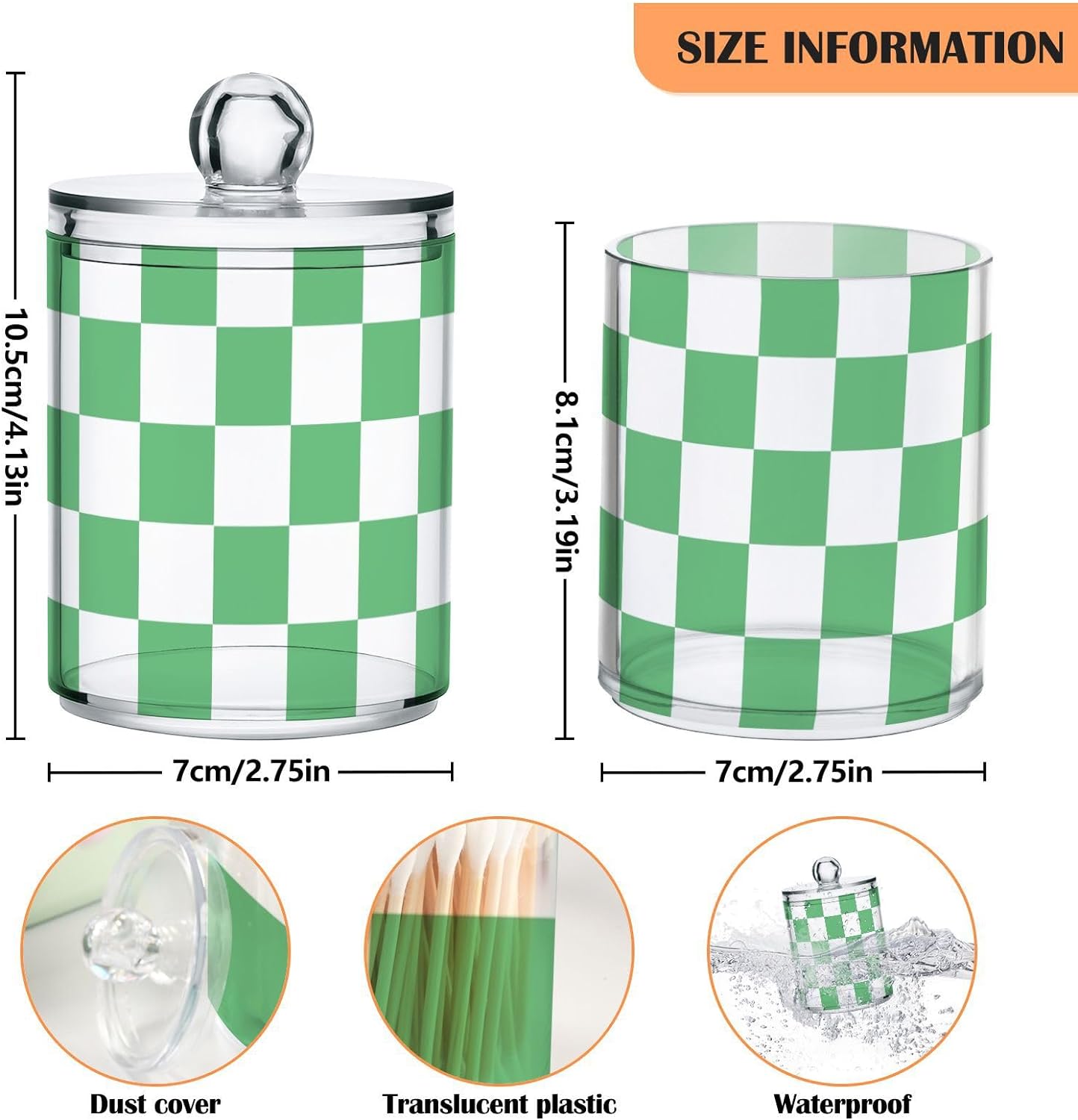 Lattice Green White Square Qtip Holder Dispenser Buffalo Checkered Plaid Bathroom Canister Storage Organization 4 Pack Clear Plastic Apothecary Jars with Lids Vanity Makeup Organizer For Cotton Swab