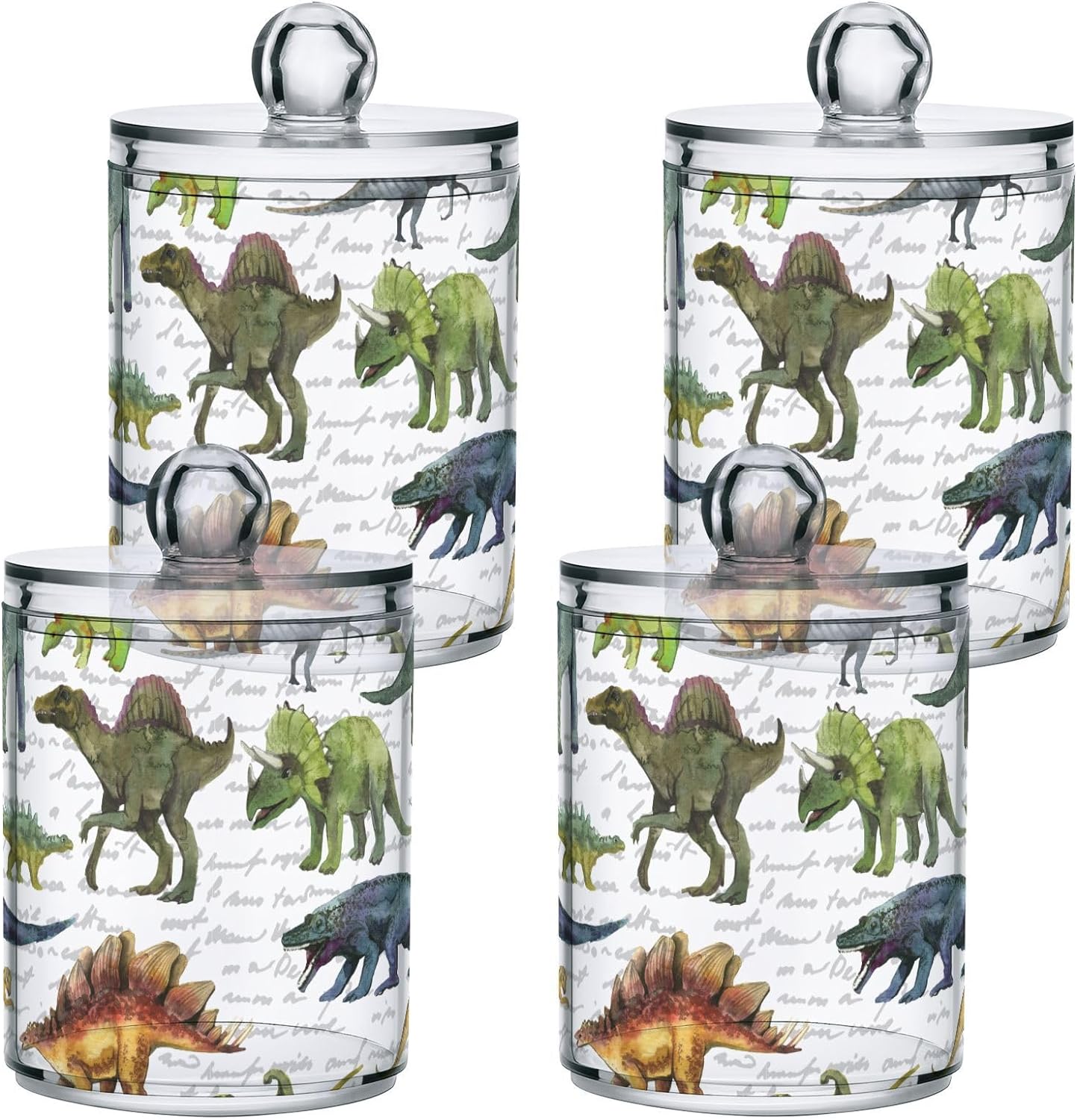 White Dinosaurs Qtip Holder Dispenser Vintage Dino Bathroom Canister Storage Organization 4 Pack Clear Plastic Apothecary Jars with Lids Vanity Makeup Organizer For Cotton Swab Ball Floss